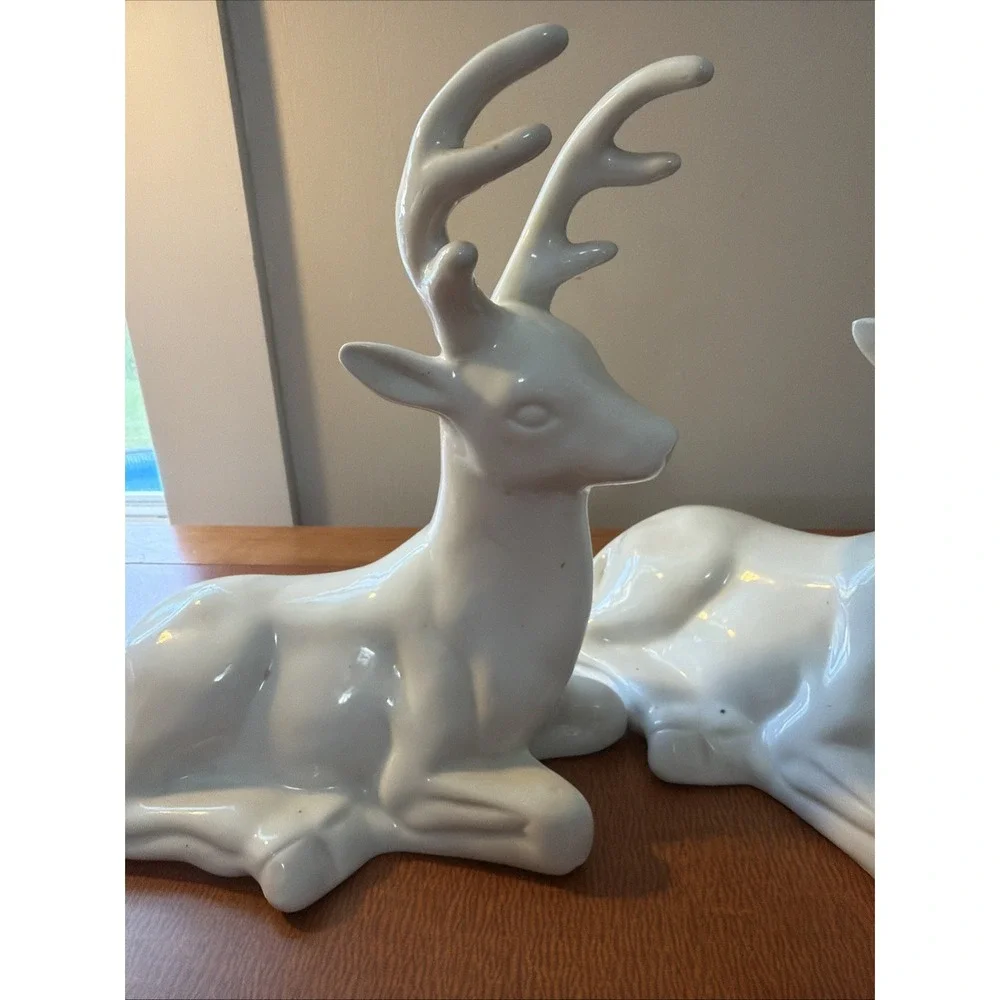 Vintage Pair Of White Porcelain Christmas Deer Buck Laying Figurine 8.5